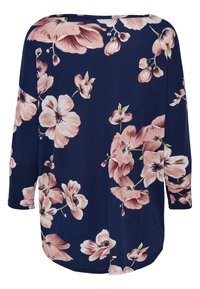 Navy blue top with three-quarter sleeves, featuring a floral print of large pink flowers. Soft texture, rounded hem, and relaxed fit.