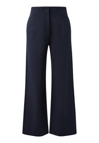 Marineblauwe broek met wijde pijpen en een getailleerde tailleband, voorzien van plooien en zijzakken, gemaakt van gladde stof met een gestructureerde val.