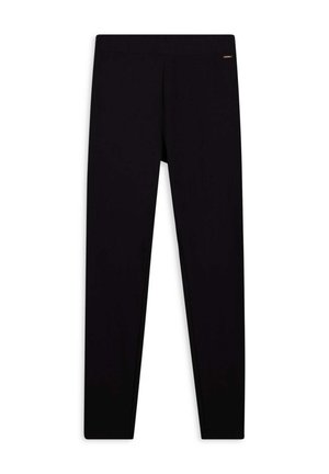 Leggings neri realizzati in tessuto elastico, con una texture liscia, vestibilità aderente e una fascia in vita. Senza motivi visibili o dettagli in metallo.