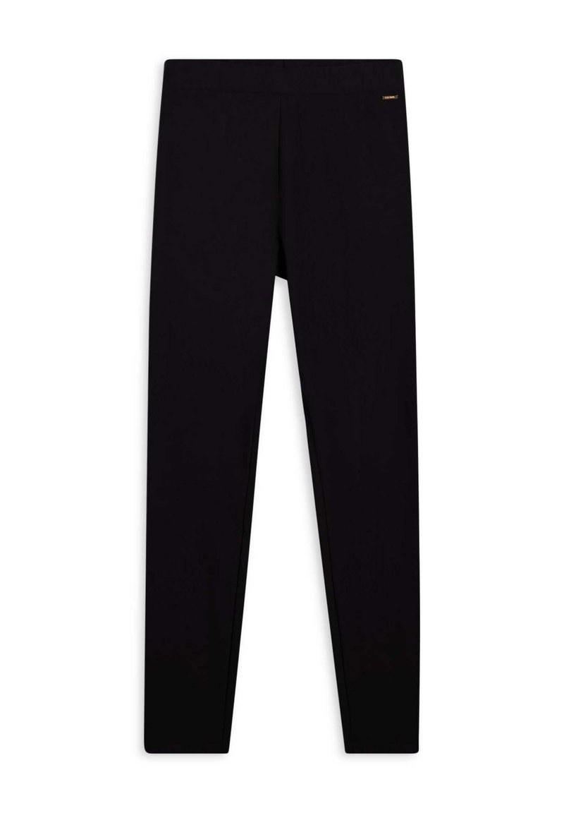 Leggings noirs en tissu extensible, avec une texture lisse, une coupe slim et une ceinture. Aucune motif visible ni détail en matériel.