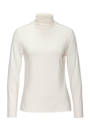 Langärmliges Turtleneck-Oberteil aus einem weichen, cremefarbenen Stoff. Mit einem hohen, gefalteten Kragen und einer taillierten Silhouette. Glatte Textur, keine Muster.