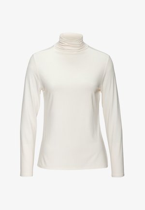 Maglione a maniche lunghe a collo alto in un morbido tessuto color crema. Caratterizzato da un colletto alto e ripiegato e da una silhouette aderente. Texture liscia, senza fantasie.