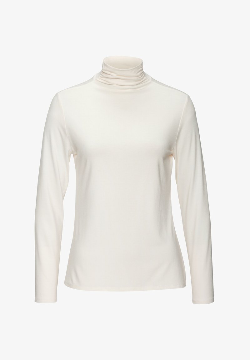 Majica s dolgimi rokavi in turtleneck ovratnikom iz mehkega, kremnega blaga. Ima visok, zložen ovratnik in oprijet kroj. Gladka tekstura, brez vzorcev.