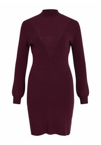 Robe tricotée bordeaux à côtes avec un grand col, de longues manches bouffantes et un design triangulaire en forme de V au niveau de la poitrine. Texture douce, silhouette ajustée.