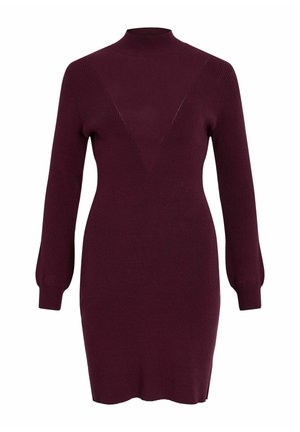 Vestido de punto acanalado burdeos con cuello alto, mangas largas abullonadas y un diseño triangular en forma de V en el pecho. Textura suave, silueta ajustada.