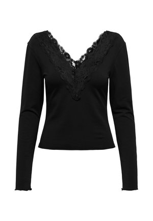 Zwarte long sleeve top met een diepe V-hals en een bloemenkant rand. Glad materiaal met een aansluitend ontwerp en een iets verkorte zoom.