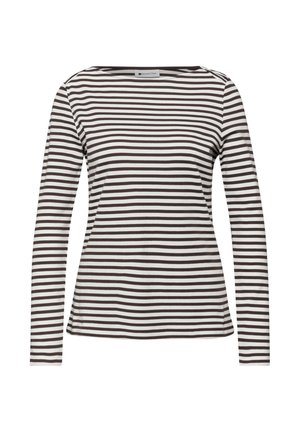 Pitkähihainen T-paita, jossa leveä pääntie, ruskeat ja valkoiset vaakaraidat, tehty pehmeästä ja joustavasta kankaasta, rento istuvuus.