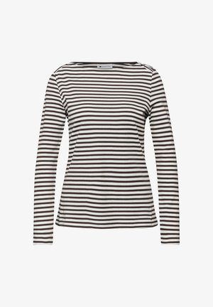 Maglietta a maniche lunghe con scollo ampio, righe orizzontali marroni e bianche, realizzata in tessuto morbido ed elastico, con vestibilità comoda.