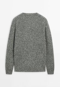 Grey ribbed knit sweater featuring a crew neckline and long sleeves with a straight hem. Material appears soft with a textured finish.