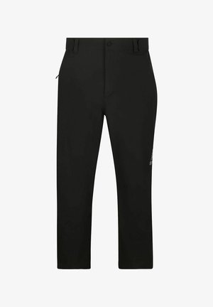 Zwarte broek met een rechte snit, voorzien van een knoopsluiting, riemlussen en een ritssluiting aan de zijkant. Minimalistische branding.