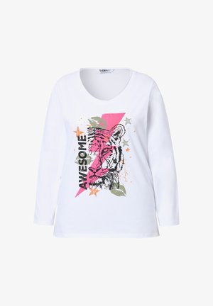 Hvid langærmet t-shirt med et pink tiger-graphic, teksten "AWESOME" og farverige sprøjt. Rund halsdesign med afslappet pasform.