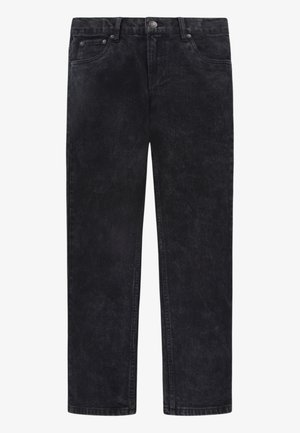 Jeans in denim nero con vestibilità dritta, caratterizzati da un classico design a cinque tasche, chiusura con bottone in metallo e una leggera texture sbiadita.