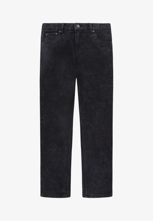 Jeans in denim nero con vestibilità dritta, caratterizzati da un classico design a cinque tasche, chiusura con bottone in metallo e una leggera texture sbiadita.