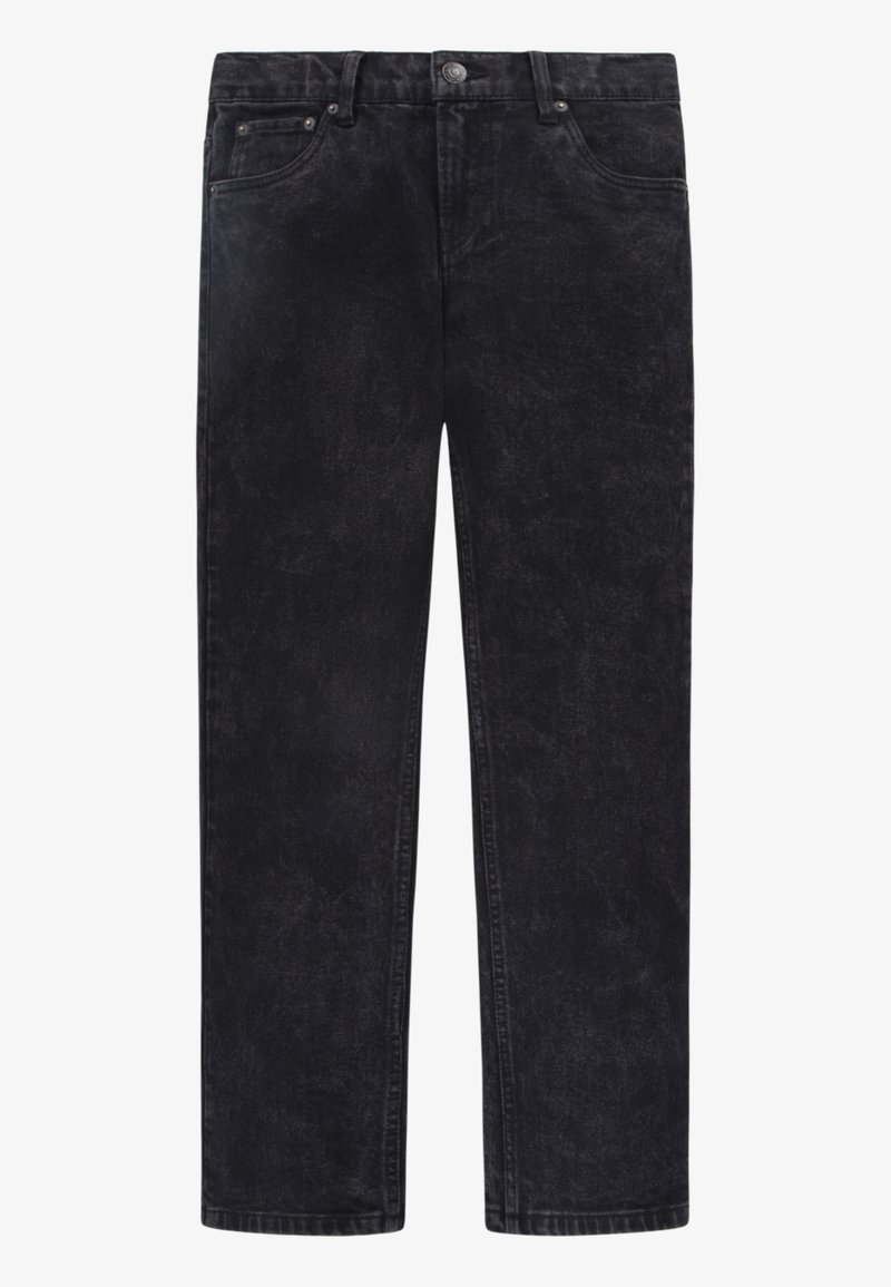 Jeans in denim nero con vestibilità dritta, caratterizzati da un classico design a cinque tasche, chiusura con bottone in metallo e una leggera texture sbiadita.