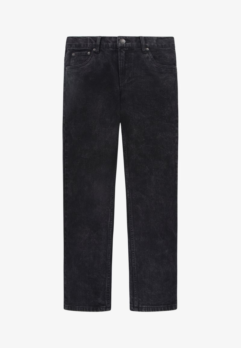 Vaqueros de mezclilla negros con un corte recto, que presentan un clásico diseño de cinco bolsillos, cierre de botón metálico y una sutil textura desgastada.