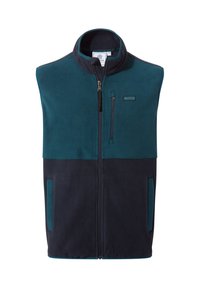 Sleeveless fleece vest with teal upper and black lower sections, front zipper, zippered chest pocket, and two side pockets.