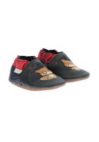 Scarpine in pelle nera per bambini con colli imbottiti rossi, caratterizzate da un'applicazione di orsetto cartone e motivi a stella sui lati. Suole morbide.