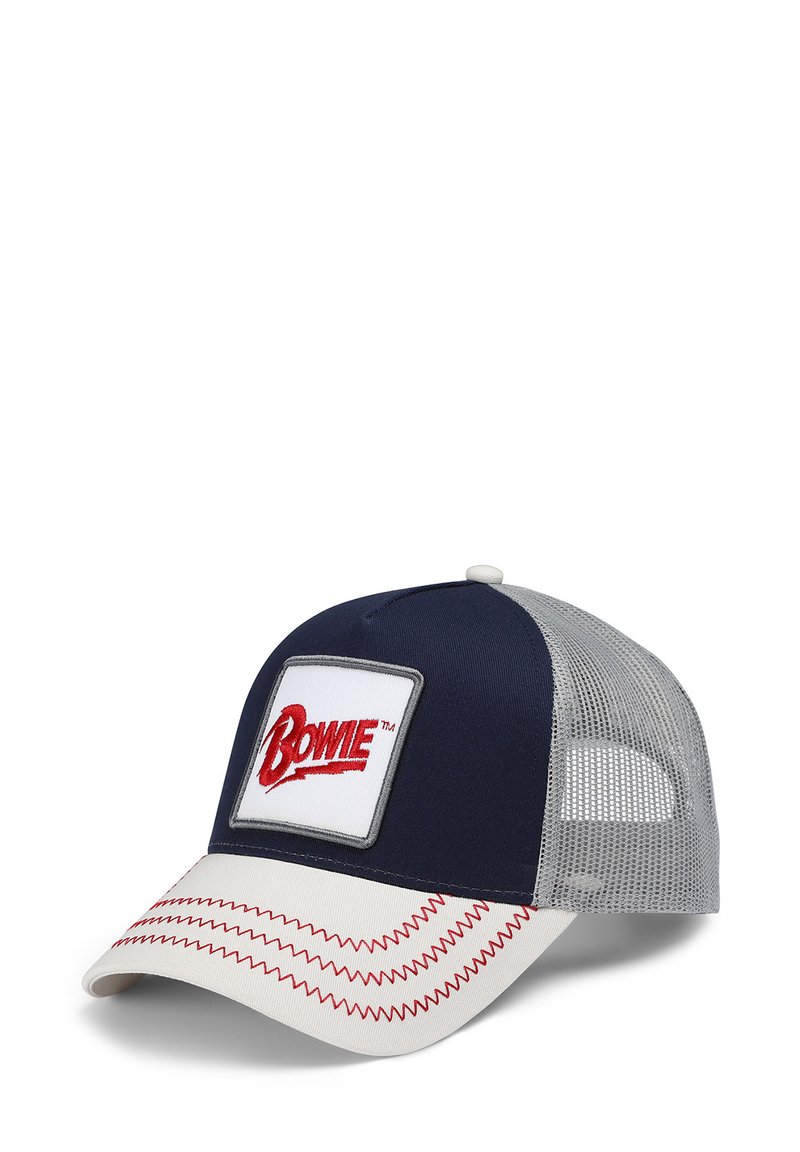 Navy blue baseball cap with a white and red patch displaying "Bowie," gray mesh back, cream-colored visor with red stitching detail.