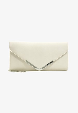 Pochette a busta in raso crema con dettaglio metallico a forma di V in argento e tracolla a catena.