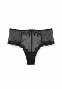 Zwarte kant lingerie met doorzichtige gaas panelen, voorzien van gegolfde randen en lintaccenten aan de voorkant. Zachte en delicate textuur.