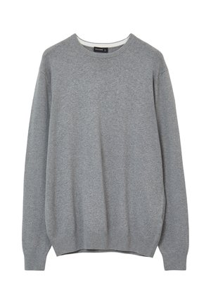 Maglione grigio realizzato in morbido tessuto, con collo rotondo, maniche lunghe e polsini e orlo a coste. Design semplice senza motivi visibili.
