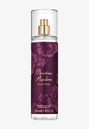 Bruma perfumada Christina Aguilera Violet Noir en un frasco pulverizador transparente con diseño de encaje floral morado y letras doradas, tamaño 236 ml.