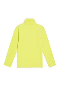 Pull-over à manches longues en polaire jaune vif, avec un col haut et des coutures plates. Texture lisse sans motifs ni accents visibles.