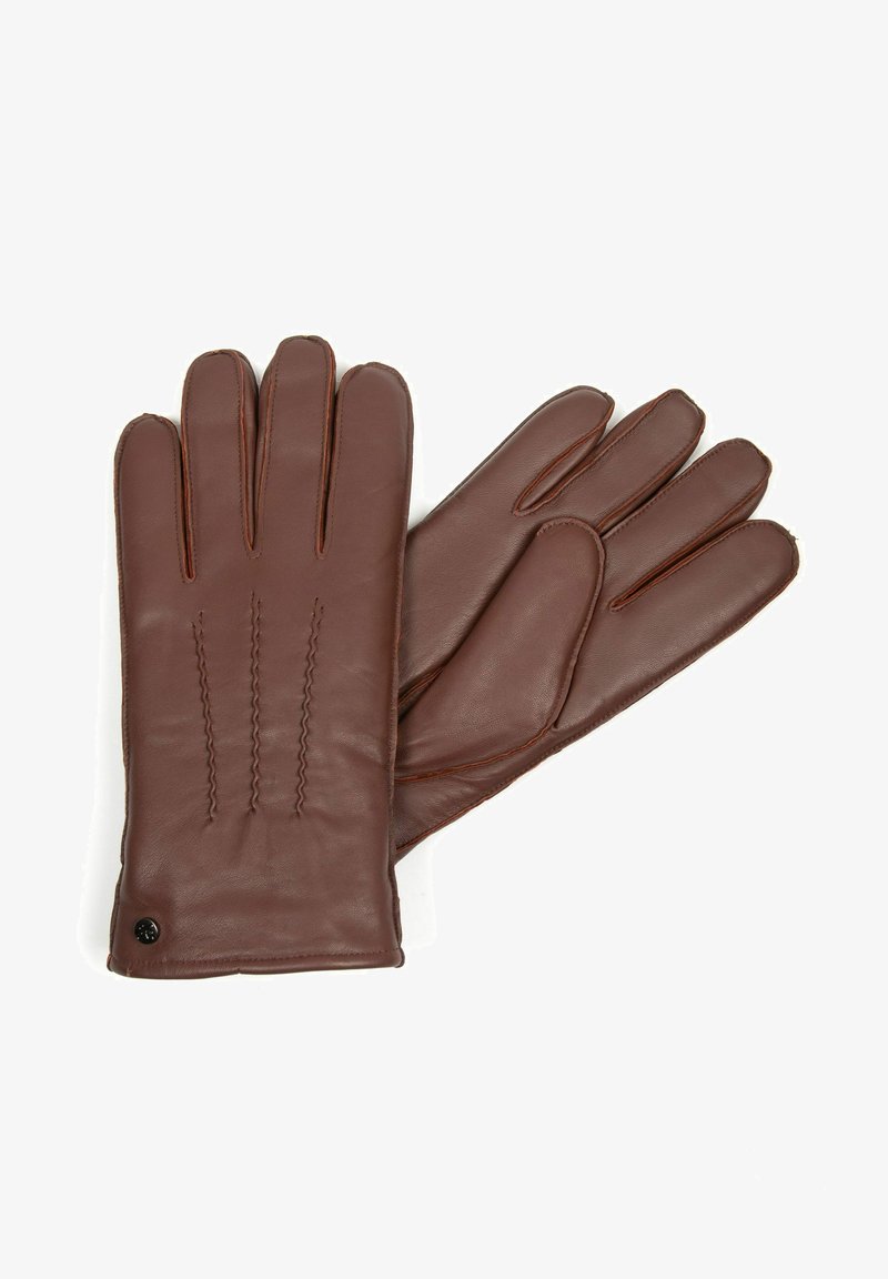 Braune Lederhandschuhe mit glatter Oberfläche, vier Fingern und detaillierter Naht auf der Rückseite. Mit einem kleinen schwarzen Akzentknopf.