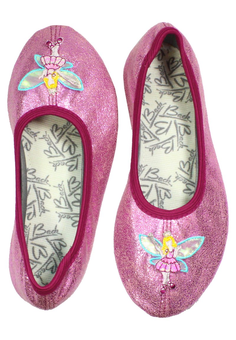 Rosa Ballerinas mit glänzender Oberfläche, die auf der Zehenpartie eine Feen-Stickerei und eine gemusterte Innensohle mit Herzen aufweisen. Elastischer Saum am oberen Rand.