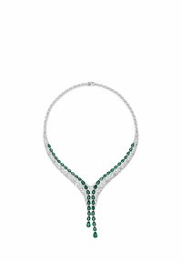 Silver-tone necklace with emerald green teardrop stones and clear crystal accents arranged in a V shape, featuring a drop design at the center.