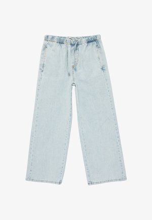 Lichtblauwe denimbroek met brede pijpen, voorzien van een elastische tailleband en een trekkoord. Soepele textuur met minimale slijtage langs de naden.