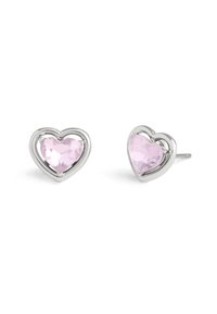 Heart-shaped earrings with faceted pink gemstones surrounded by a silver-colored metal border, featuring a simple post design.