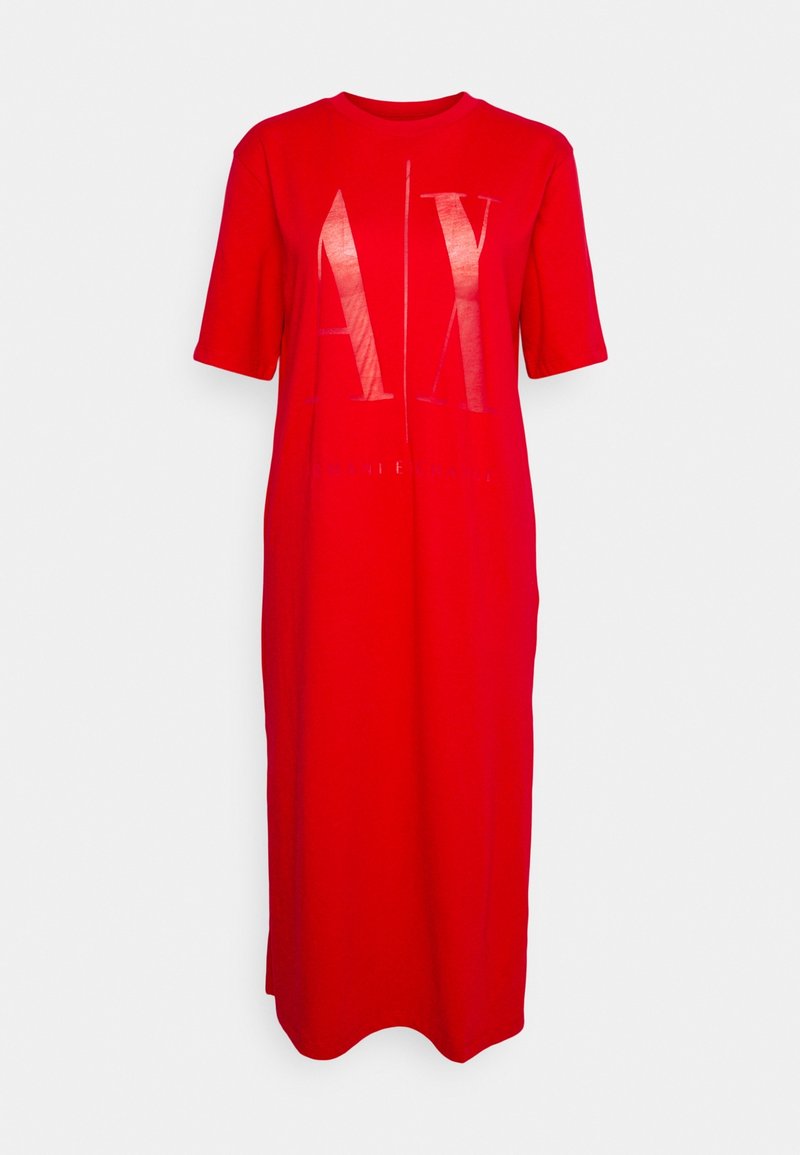 Czerwona bawełniana sukienka z krótkimi rękawami, z dużą metaliczną grafiką "AX" z przodu oraz prostym, długa do kostek krój.
