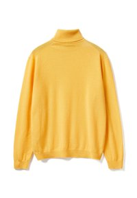 Maglione giallo a collo alto, con maniche lunghe e una texture morbida. Presenta polsini e bordo a costine, con un design semplice e senza motivi.