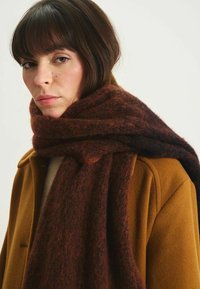 Écharpe en mélange de laine épaisse dans des tons rouge foncé et marron, présentant une finition douce et texturée, enroulée autour du cou du modèle.