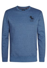 Blauwe sweatshirt met ronde hals van textuurstof. Heeft een kleine zwarte grafische detail op de borst en ribgebreide boorden en hem.