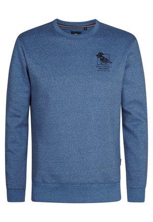 Blå sweatshirt med rund hals fremstillet af tekstureret stof. Har et lille sort grafisk detalje på brystet samt ribbede manchetter og kant.