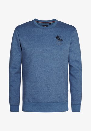 Blauwe sweatshirt met ronde hals van textuurstof. Heeft een kleine zwarte grafische detail op de borst en ribgebreide boorden en hem.