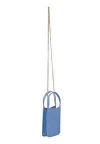 Borsa a tracolla in pelle blu con finitura testurizzata, design a doppio manico e tracolla in catena argentata. Forma rettangolare compatta; stile minimalista.
