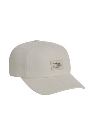 Hellbeige Baseballkappe mit einem rechteckigen Aufnäher vorne, auf dem in schwarzer Schrift "REELL Established 1997" steht.