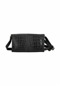 Borsa a tracolla rettangolare nera con textura in coccodrillo e tracolla regolabile, mostrata frontalmente su uno sfondo bianco.