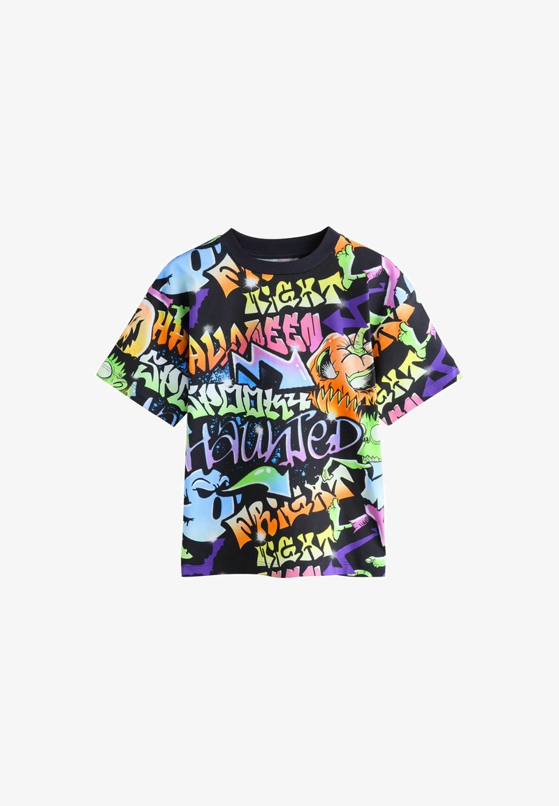 Koszulka z krótkim rękawem w czarnym kolorze wykonana z bawełny, z żywymi grafikami w stylu graffiti w neonowych kolorach, z różnymi strasznymi motywami i kształtami.