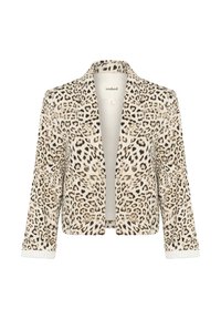 Leopardprint blazer i beige og sort med sjalskrave, åben front og lange ærmer med ribbede manchetter. Blød tekstur og struktureret design.