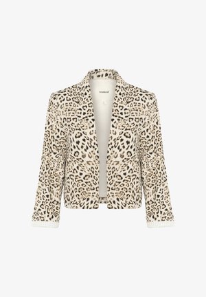 Beige ja musta leopardi mustriga bleiser, millel on šaalikaelus, avatud eesmine osa ja pikad varrukad ribiga mansettidega. Pehme tekstuur ja struktureeritud disain.