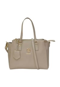 Borsa beige in materiale sintetico, con hardware dorato, due manici superiori e una tracolla rimovibile. Chiusura con zip, dettaglio del logo.
