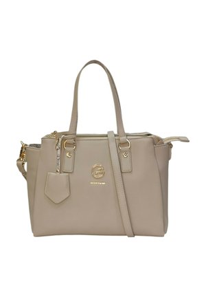 Borsa beige in materiale sintetico, con hardware dorato, due manici superiori e una tracolla rimovibile. Chiusura con zip, dettaglio del logo.