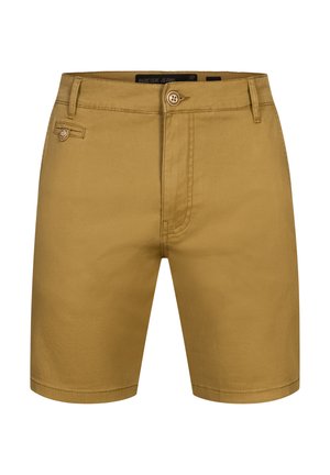 Kratke hlače od pamuka bež boje s kopčanjem na dugme, prednjim džepom i šivenim rubom. Tkanina je glatka s mat završetkom.
