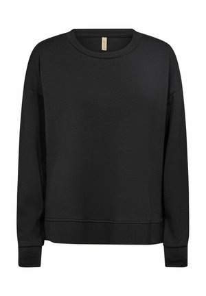 Musta huppari, jossa on pyöreä kaula-aukko, pitkät hihat ja suora helma. Valmistettu sileästä, pehmeästä kankaasta ilman näkyviä kuvioita tai yksityiskohtia.