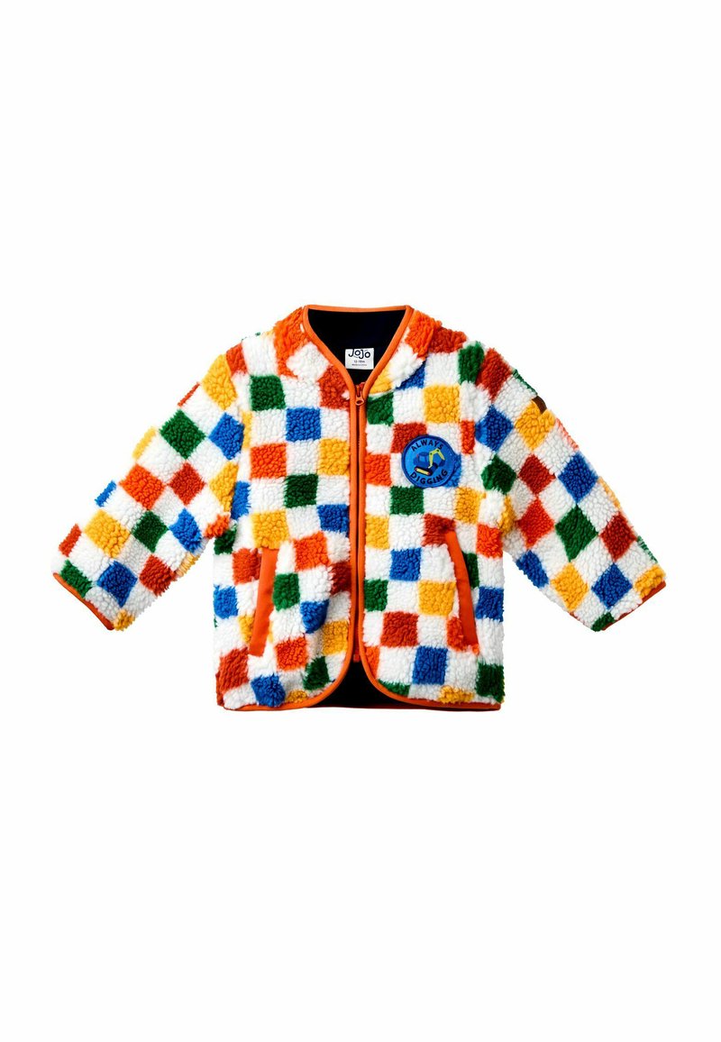 Bunt kariertes Fleece-Jackett mit einem orangefarbenen Reißverschluss und Besatz, ausgestattet mit einem Patch auf der Brust und zwei Fronttaschen.