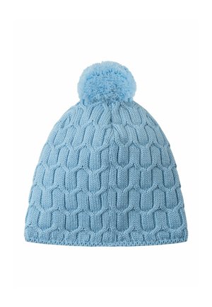 Cappello lavorato a maglia blu chiaro con un motivo a nido d'ape testurizzato, decorato con un soffice pom-pom, che offre calore e stile.